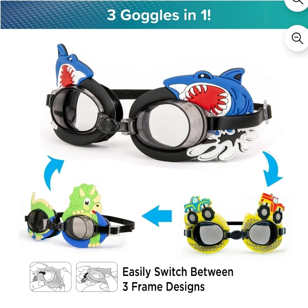 Set Of 2 Dolfin Kids Unicorn and Shark 3-in-1 Swim Goggles - Pink, Blue, Black